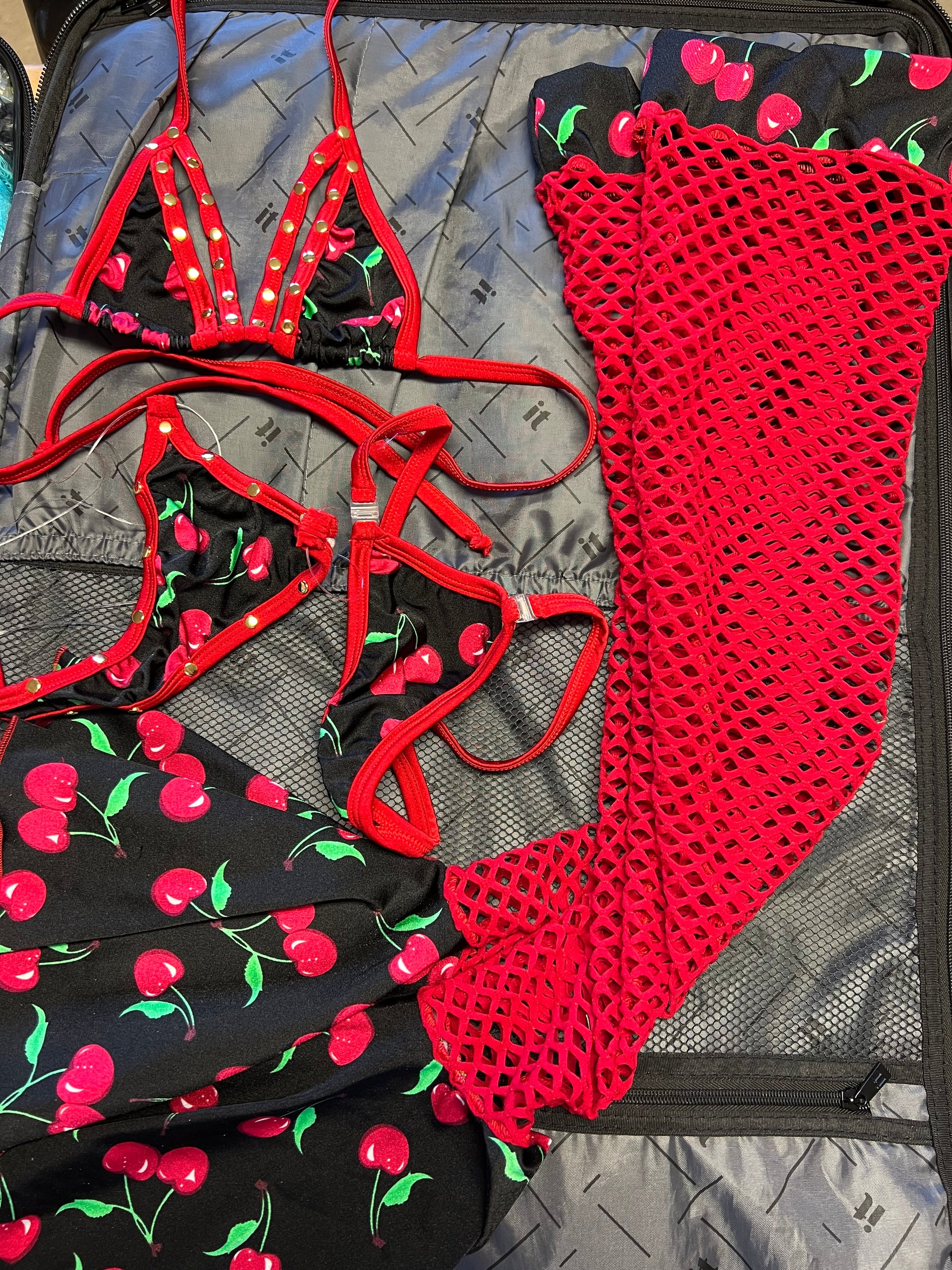 Red Fishnet/Black Cherry Stretch Leg Outfit Stripper Lingerie