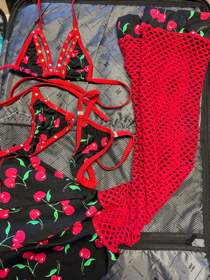 Red Fishnet/Black Cherry Stretch Leg Outfit Stripper Lingerie
