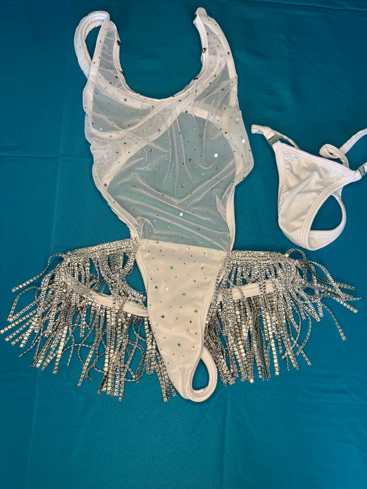 Silver Sparkle White Mesh Chrome Fringe & Shoulder Straps