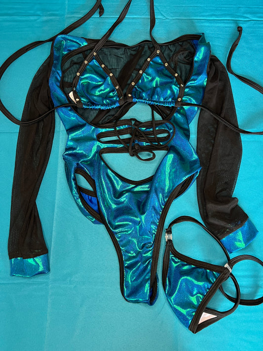 Exotic Dance Wear Aqua & Black Long Sleeve Romper Lingerie