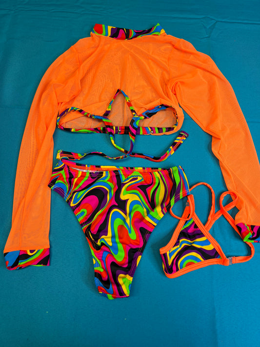 Two-Piece Orange Mesh Long Sleeve & Cosmic Print Shorts
