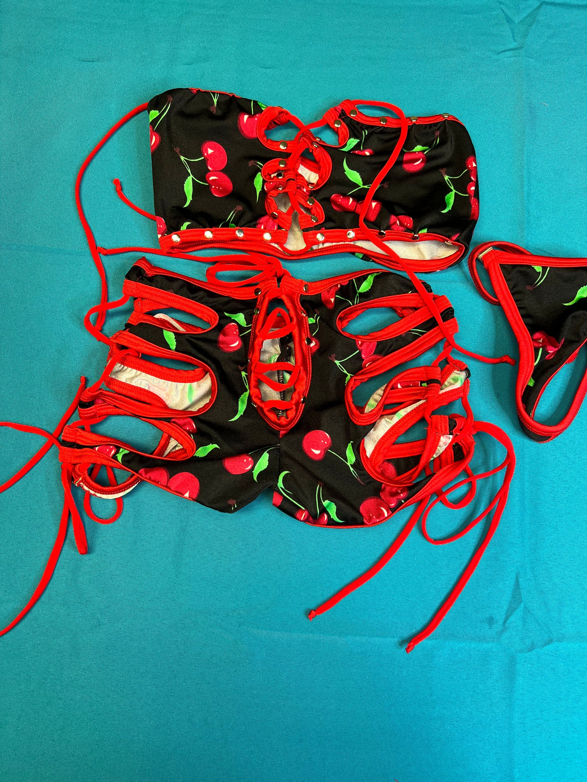 Two-Piece Red/Black Cherry Print Stretch Fabric Tube Top & Short