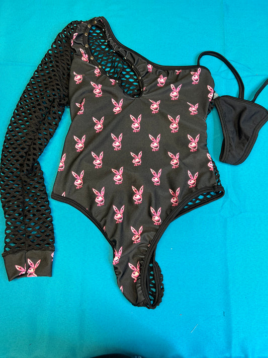 One Piece Black Fishnet Single Sleeve Leotard Exotic Dance Outfit
