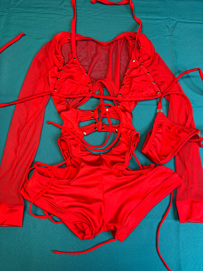 Red Mesh Long Sleeve Romper Exotic Dance Wear & Stripper