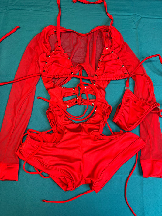 Red Mesh Long Sleeve Romper Exotic Dance Wear & Stripper