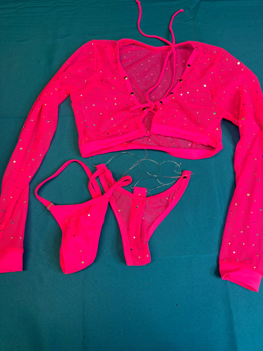Two-Piece Hot Pink Mesh Long Sleeve Top Outfit Stripper Attire
