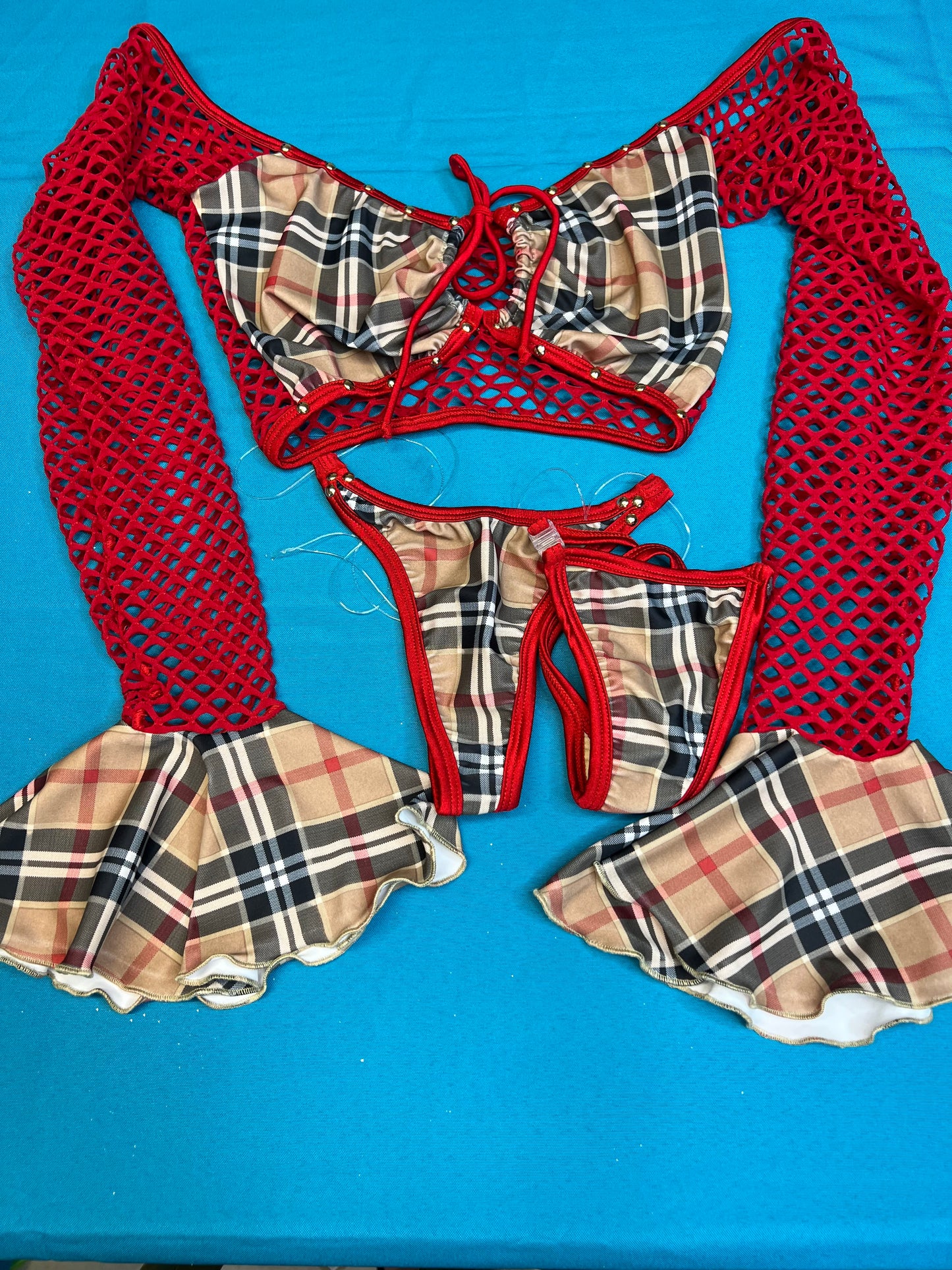 Long Sleeve/Silicone String Bottoms Red Fishnet Stripper Outfit