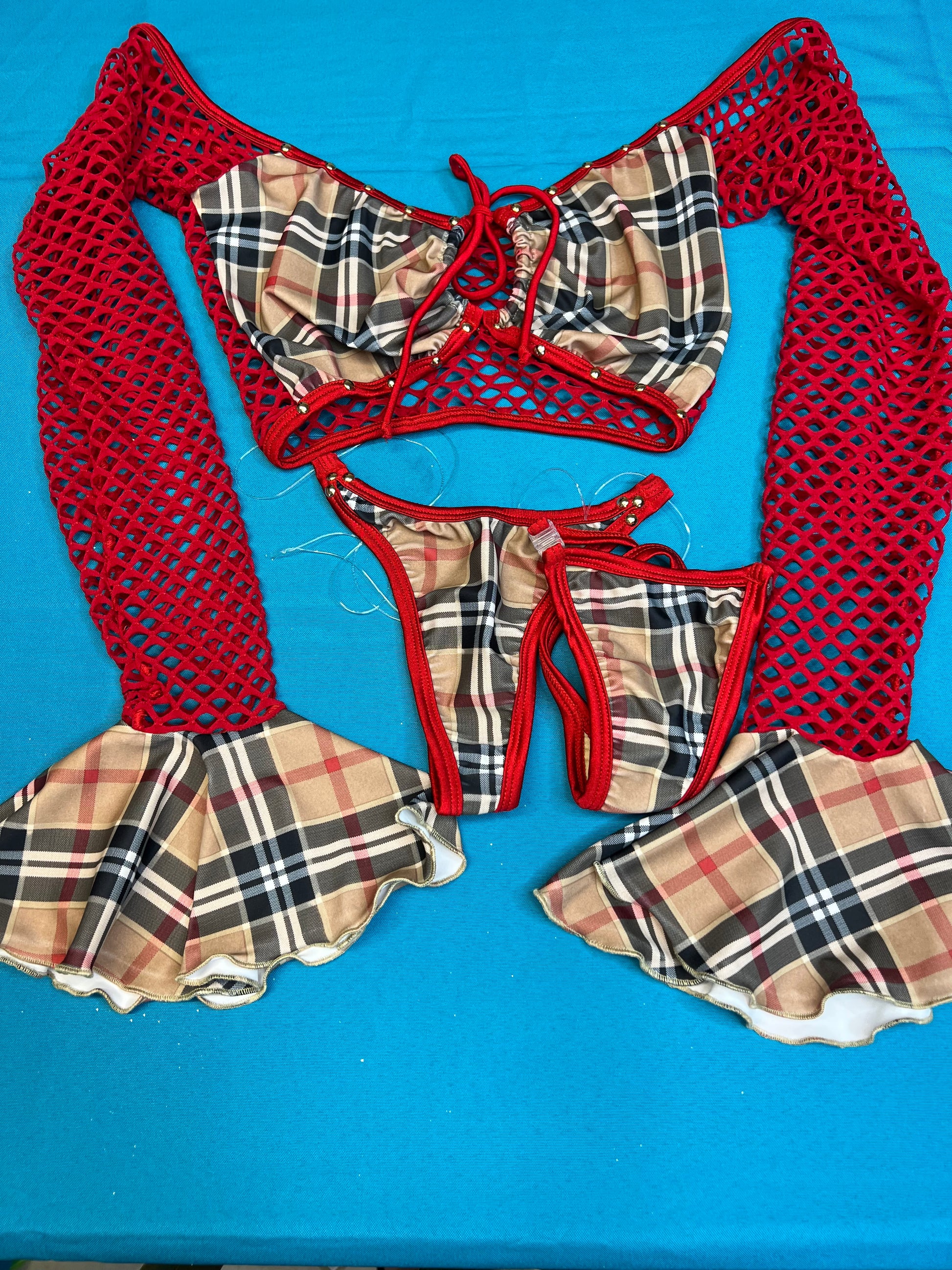 Long Sleeve/Silicone String Bottoms Red Fishnet Stripper Outfit