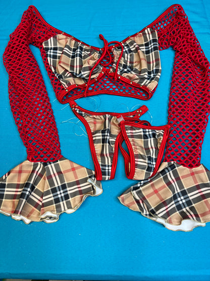 Long Sleeve/Silicone String Bottoms Red Fishnet Stripper Outfit