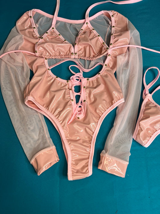 Latex Leotard Baby Pink Exotic Dance Wear