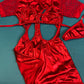 Sparkling Metallic Red Short Sleeve Ripped Back Romper Outfit 