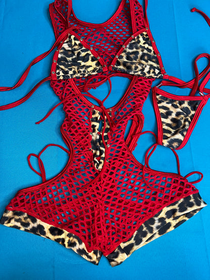 Cheetah Red Fishnet Romper Lingerie Exotic Dance wear
