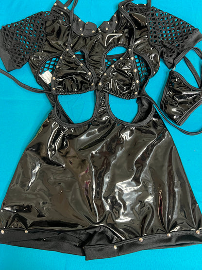 Black Latex Dancewear Fishnet Stripper Lingerie 