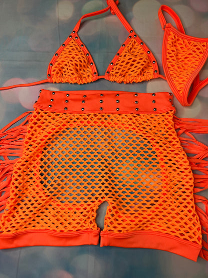 Fishnet Two-Piece Exotic Dance Wear Bikini Top & Chaps Stunning 