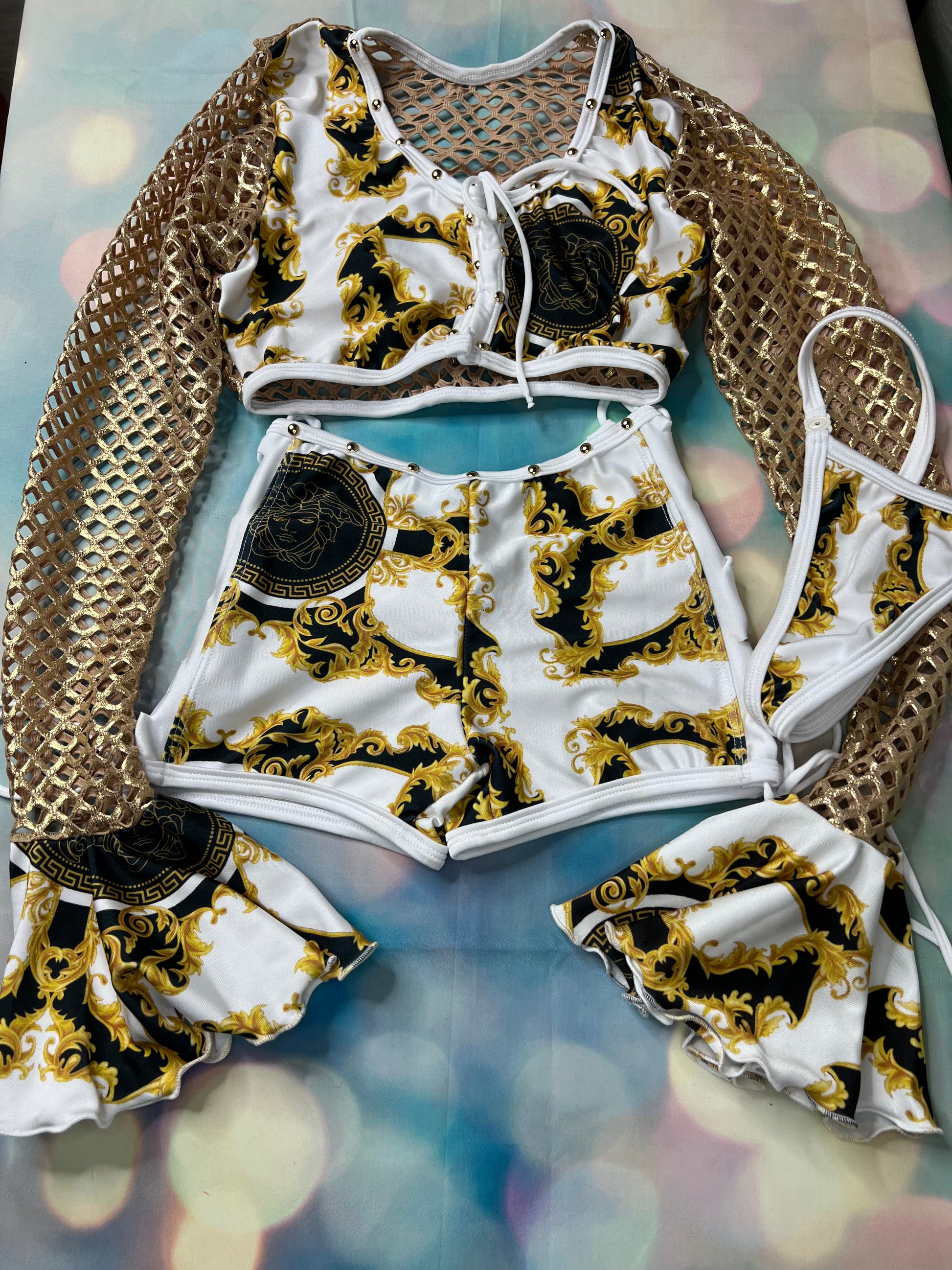 Long Sleeve Exotic Dance Wear Two-Piece Outfit Gold/White – Lingeriebydylan Long Sleeve Exotic Dance Wear Two-Piece Outfit Gold/White – Lingeriebydylan