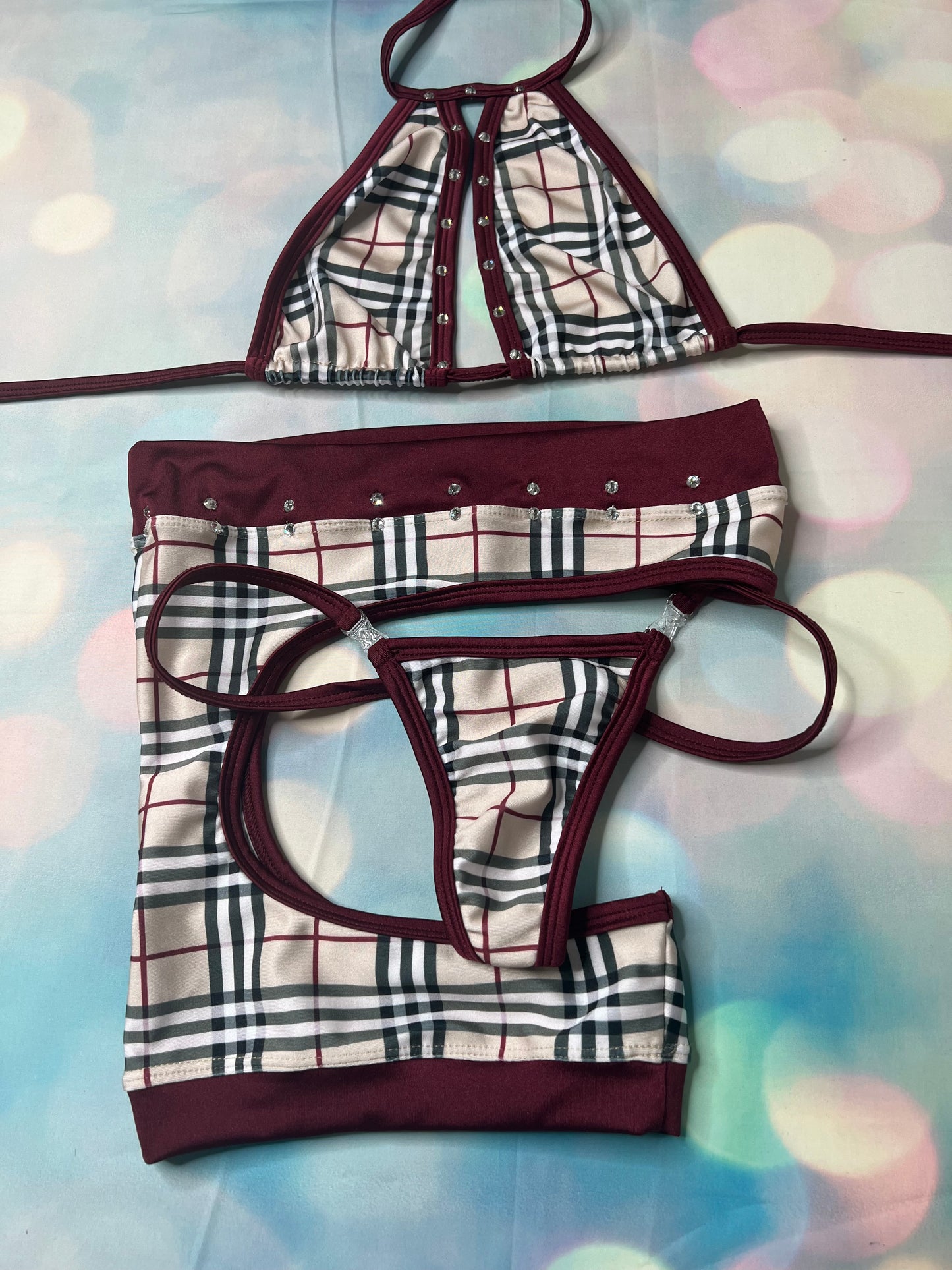 Plaid Bikini Top Two-Piece Exotic Dance Wear Set Strippers' Outfit