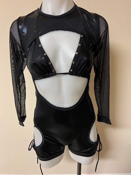 Mesh Long Bikini Top Black Outfit One-Piece Metallic Black/Black