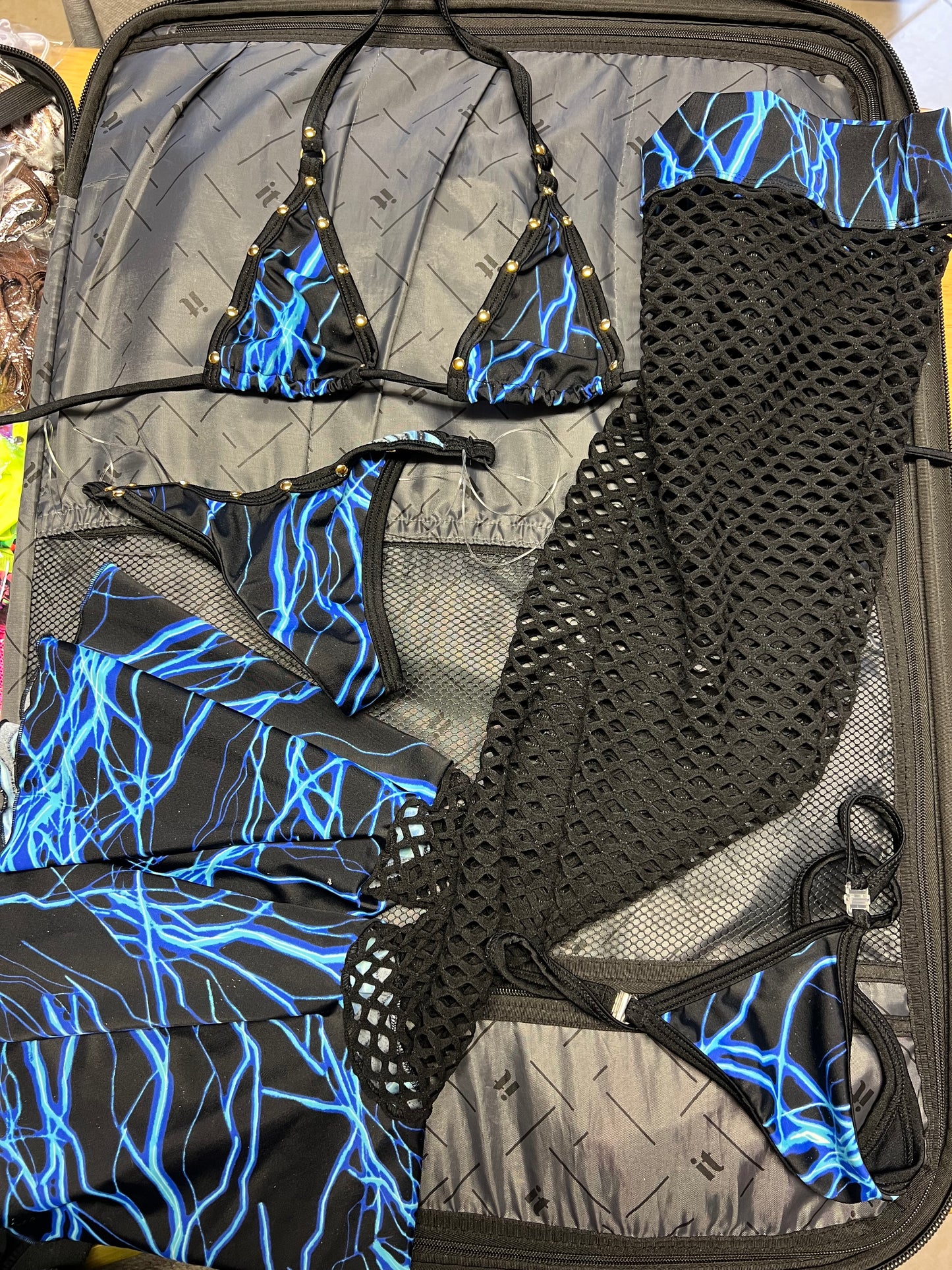 Blue Lightning & Black Fishnet Leg Outfit Exotic Dance Wear