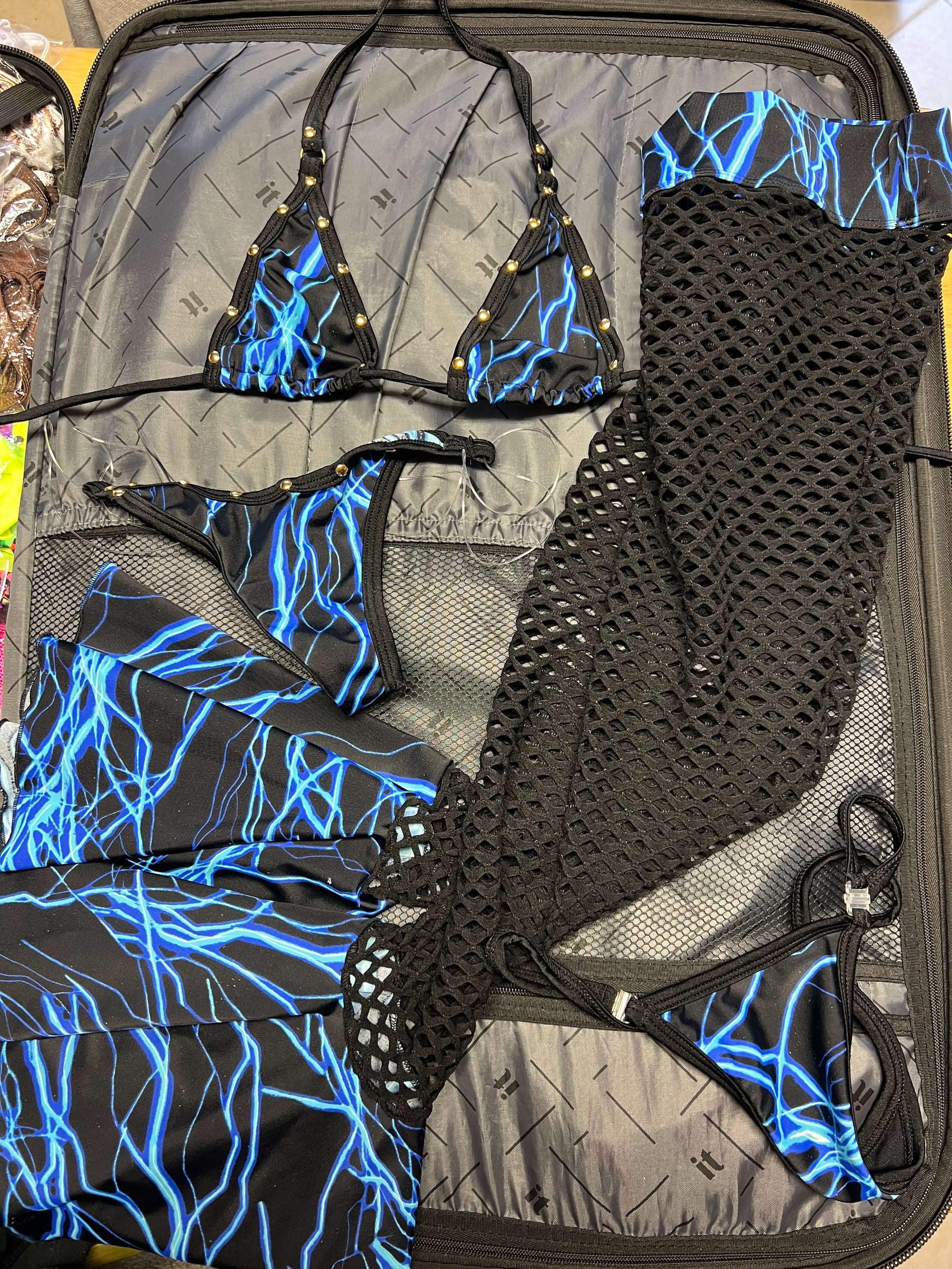 Blue Lightning & Black Fishnet Leg Outfit Exotic Dance Wear