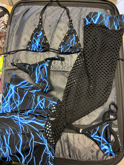 Blue Lightning & Black Fishnet Leg Outfit Exotic Dance Wear