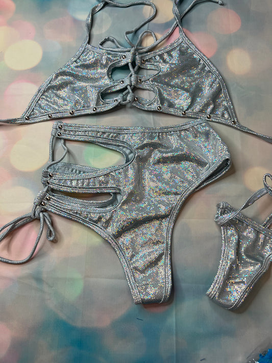 Exotic Dance Wear Two-Piece Outfit Mesmerizing Silver/Gold