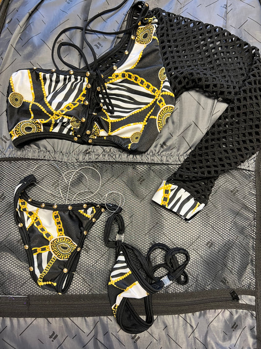 Exotic Dancewear Black/Gold Stretch Fishnet Lingerie Outfit