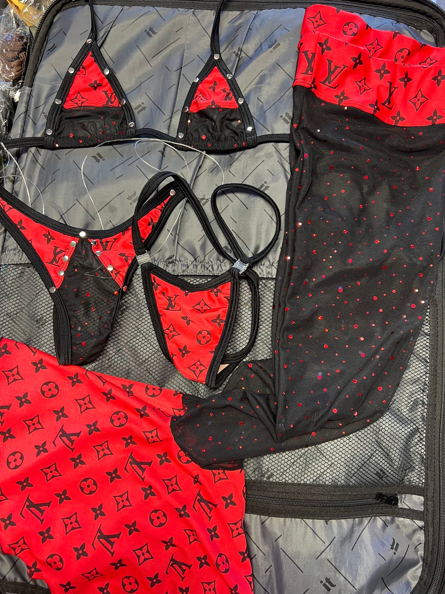 Lingerie Red Stretch Fabric/Black Mesh Red Sparkle Leg Outfit