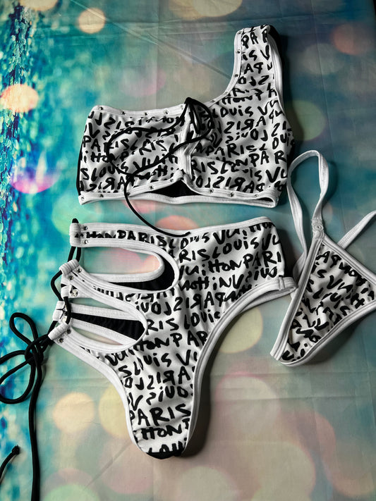 Exotic Dance Wear Two-Piece Outfit Lingerie White/Black