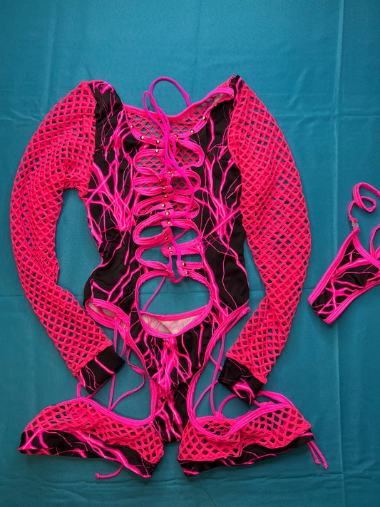 One-Piece Hot Pink Long Sleeve Fishnet/Black/Hot Pink Lightning