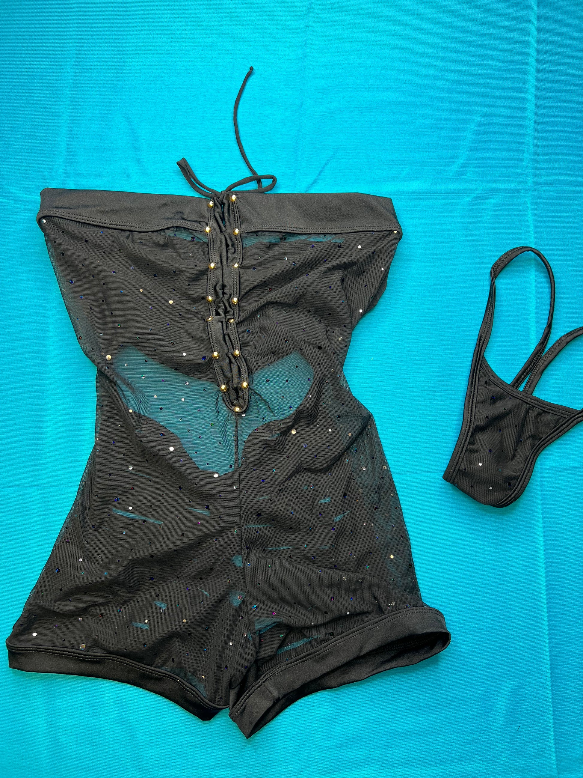 Black Mesh/Silver Sparkle One-Piece Exotic Wear Ripped Back
