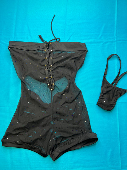Black Mesh/Silver Sparkle One-Piece Exotic Wear Ripped Back
