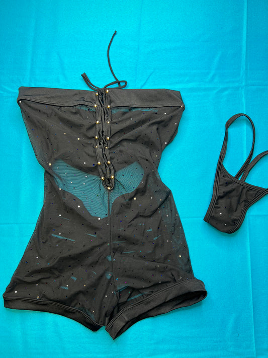 Black Mesh/Silver Sparkle One-Piece Exotic Wear Ripped Back