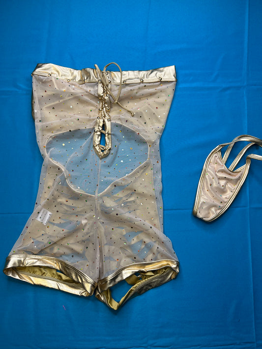 One-Piece Gold Stretch Fabric/Mesh Exotic Wear with Ripped Back