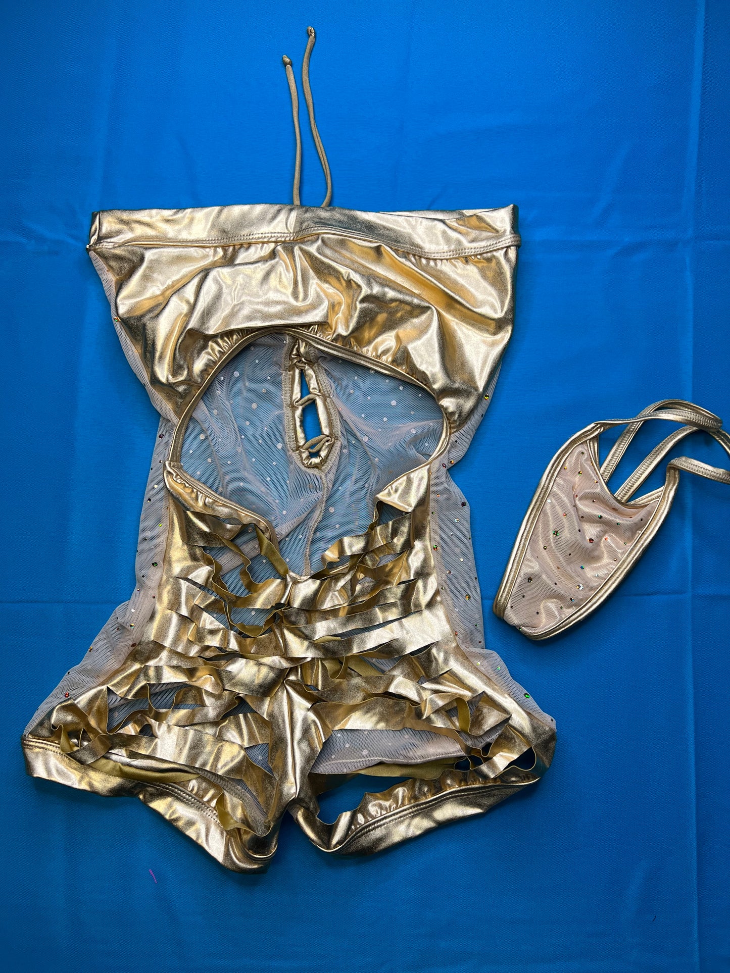 One-Piece Gold Stretch Fabric/Mesh Exotic Wear with Ripped Back