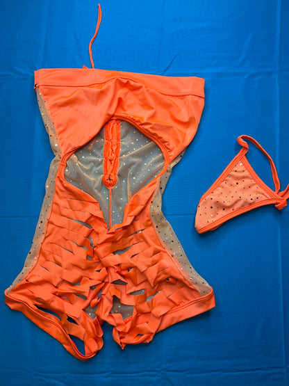 Orange Mesh One-Piece Exotic Dance Wear with Matching Thong