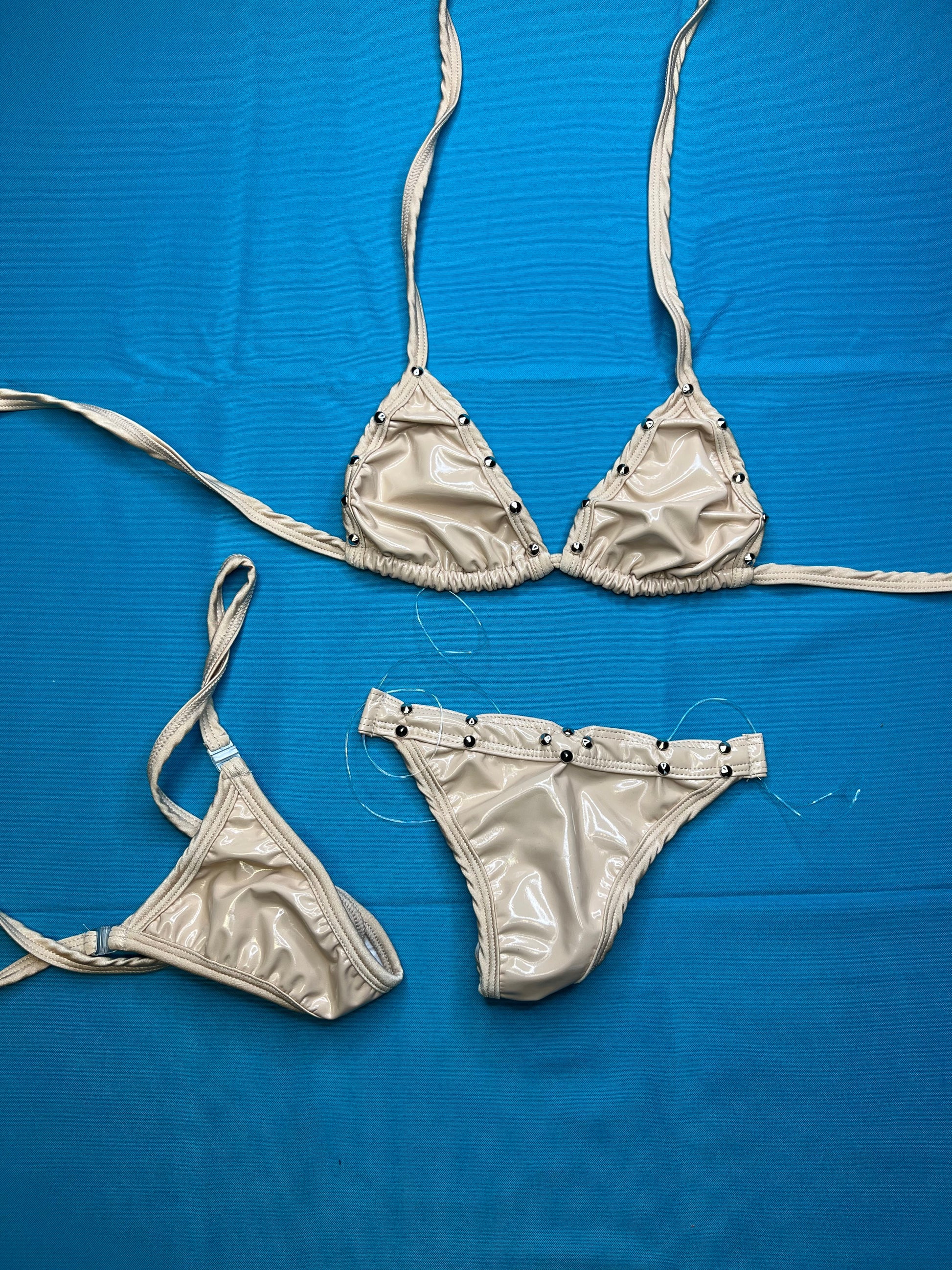 Tan Latex Bikini Top Silicone String Bottoms Exotic Dance Wear tan-latex-bikini-top-silicone-string-bottoms-exotic-dance-wear