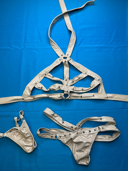 Tan Latex Two-Piece Outfit Exotic Dance with Matching Thong