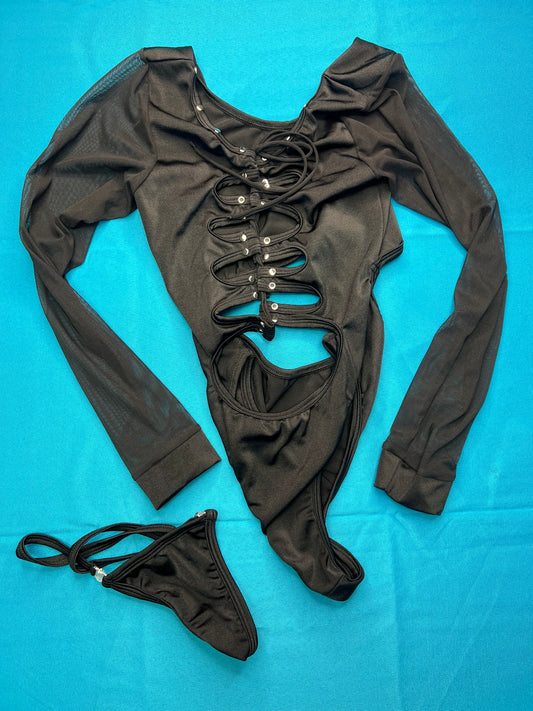 One-Piece Black Mesh Leotard Exotic Dance Wear Stripper Outfit