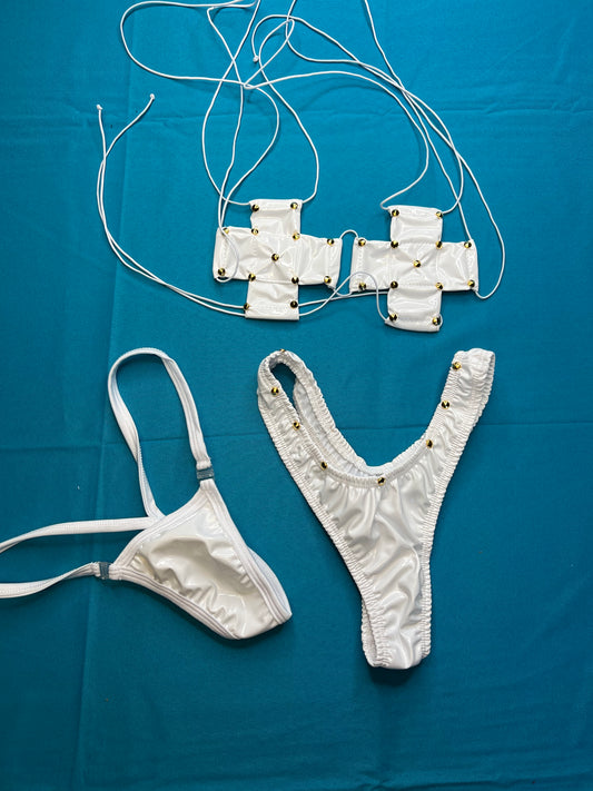 Exotic Dance Wear White Latex Two-Piece Set Strippers' Lingerie