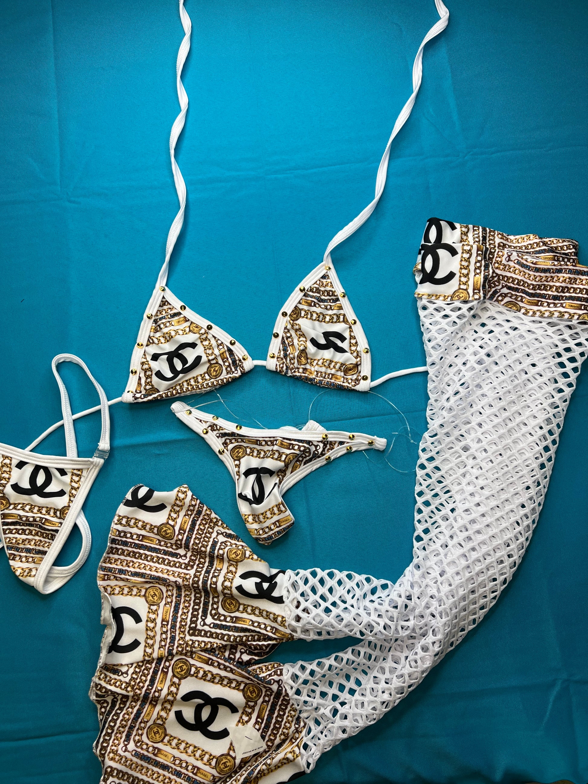Exotic Dance Wear Set White/Gold Leg Outfit with Fishnet Details