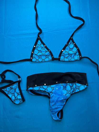 Two-Piece Baby Blue Bikini Top/Shorts Outfit Exotic Dance Wear