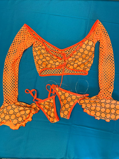 Orange Fishnet Two-Piece Long Sleeve Exotic Dance Wear Outfit