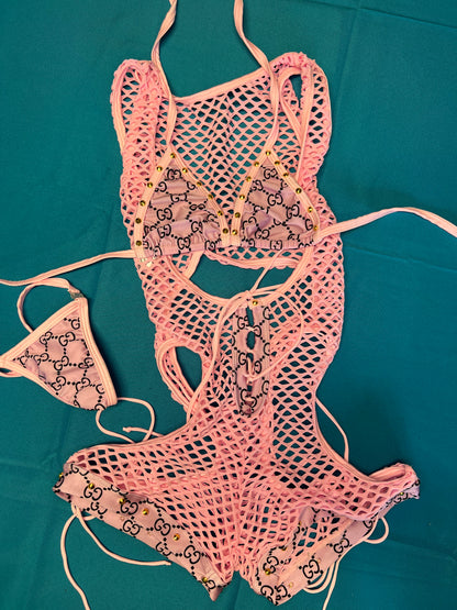 One-Piece Exotic Dance Wear Baby Pink Bikini Top Outfit