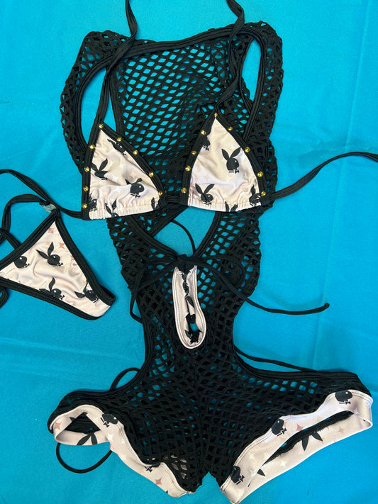 One-Piece Grey/Black Shoulder Strap with Bikini Top Stripper Outfit