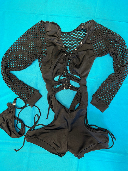 One-Piece Premium Black Fishnet Exotic Dance Wear Outfit