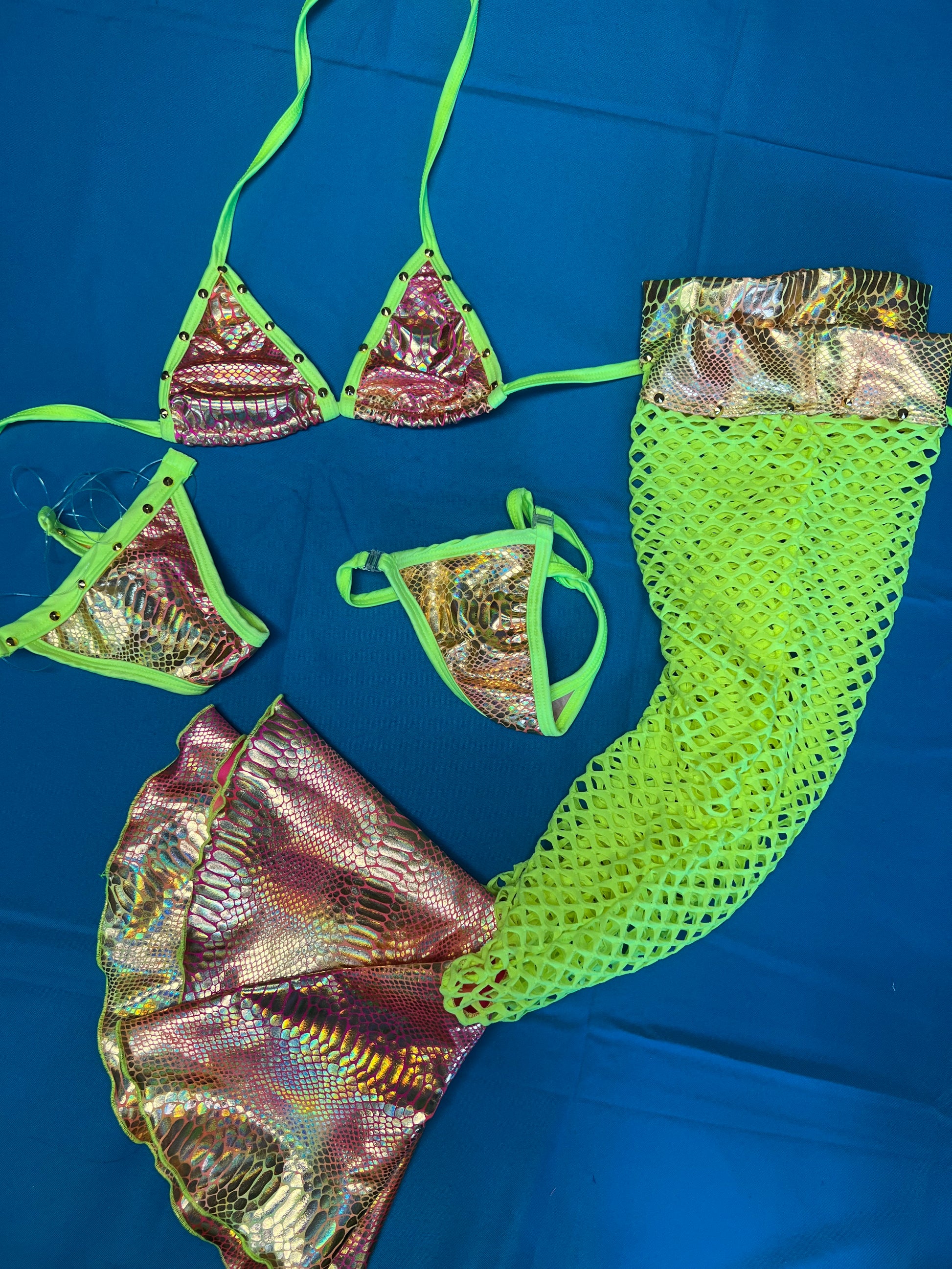 Neon Yellow Fishnet Scale Stretch Fabric Leg Dance Wear Outfit