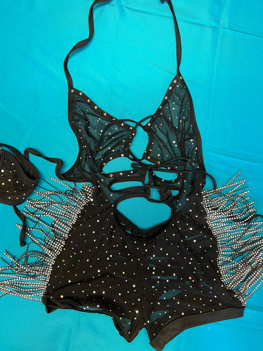 Black Mesh & Silver Sparkles One-Piece with Chrome Fringe