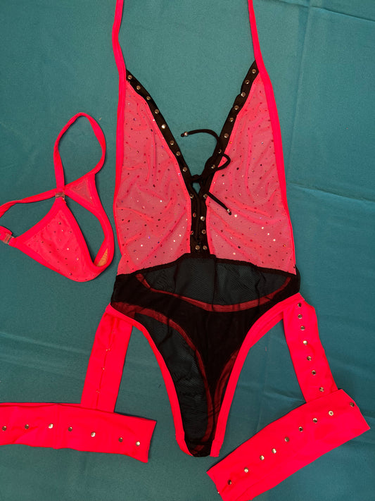 One-Piece Sensational Red/Black Mesh Outfit with Leg Garters