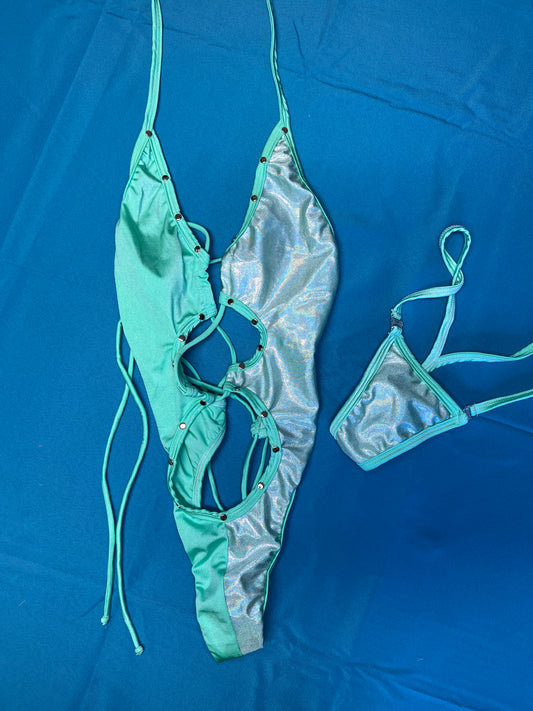 One-Piece Cyan Blue Stretch & Metallic Exotic Dance Wear