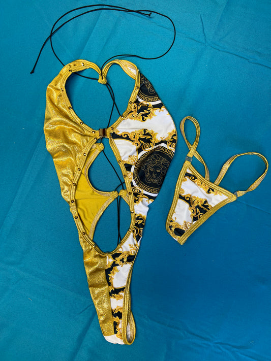 Exotic Dance Wear Gold/White/Black One-Piece Outfit Stripper